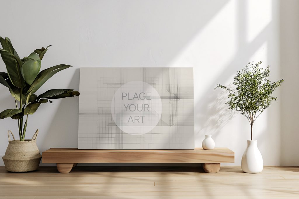 horizontal-poster-mockup-japandi-wooden-bench-potted-plant.jpg Horizontal frame mockup on a low wooden bench next to a large potted plant in a wicker basket and a white ceramic vase.