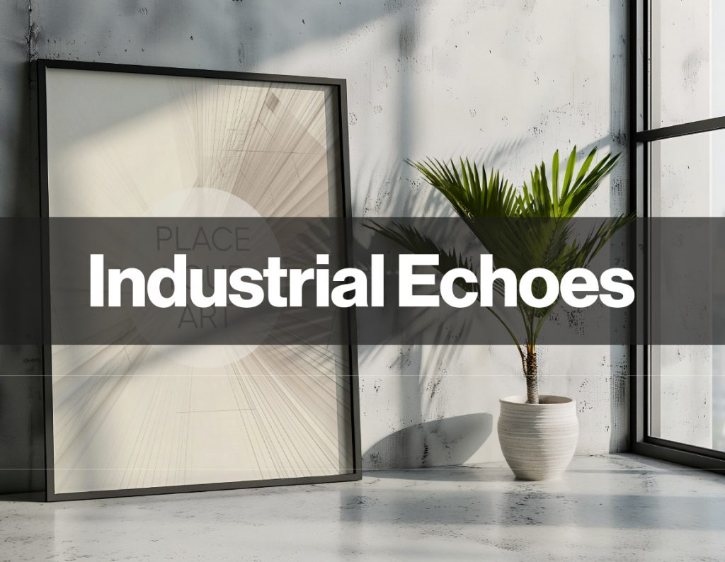 Industrial wall art mockups with concrete spaces and strong shadows