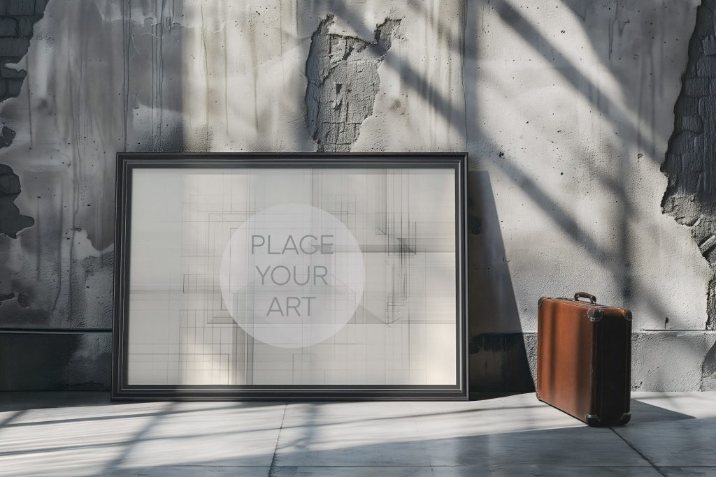 Large horizontal wall art mockup leaning on a polished concrete floor against a weathered, raw cement wall with exposed brick details, next to a vintage brown leather suitcase under sharp window shadows.
