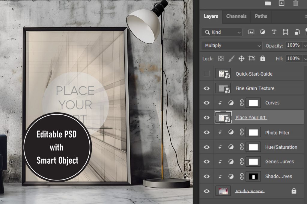 Photoshop layers panel overlay displaying customizable smart objects, photo filters, and fine grain texture for an industrial brutalist wall art mockup.