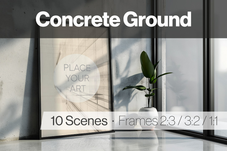 Industrial wall art mockup with framed artwork resting on the floor against concrete walls