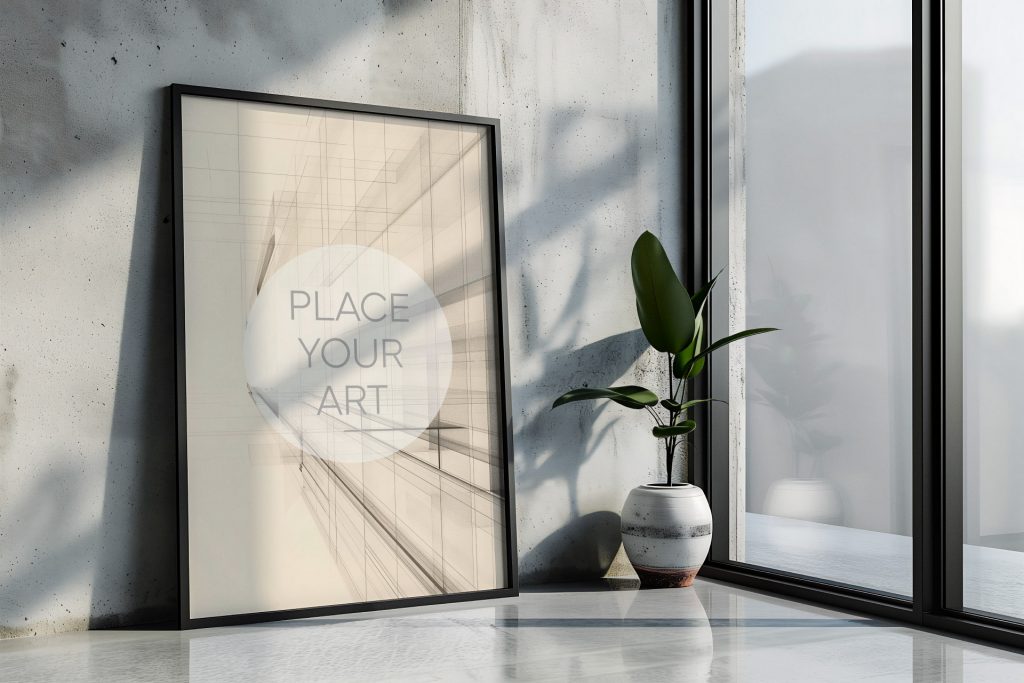 Large vertical wall art mockup leaning on a polished cement floor against a raw concrete wall, next to a rustic striped ceramic vase with a green plant by a tall frosted glass window.