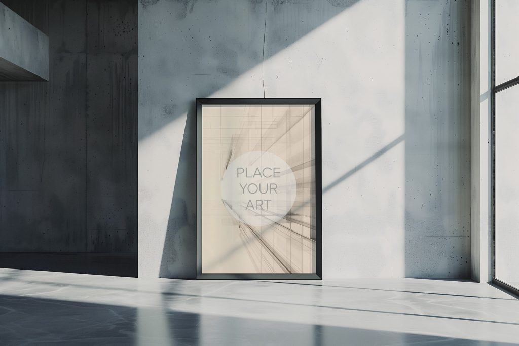 Large vertical wall art mockup leaning against a clean white and grey concrete block wall in an open brutalist gallery space with sharp geometric sunlight shadows.