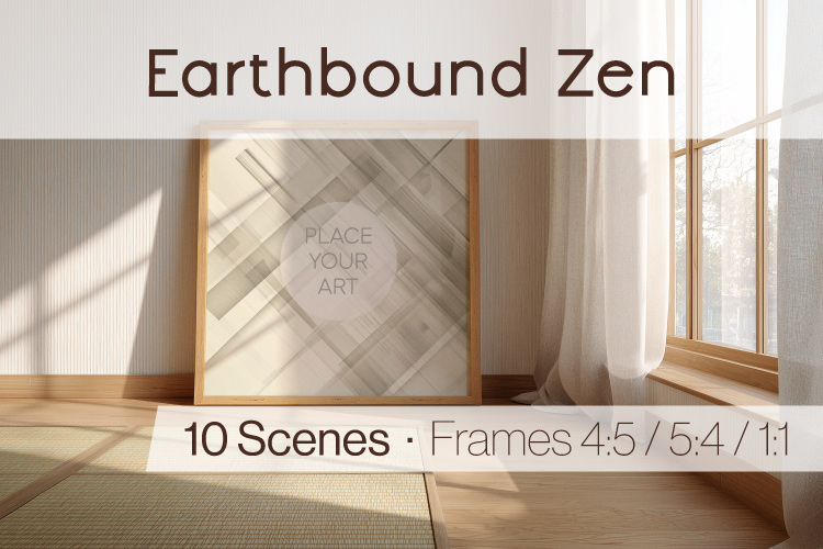 Japandi poster mockup with frame placed on the floor in a serene interior setting