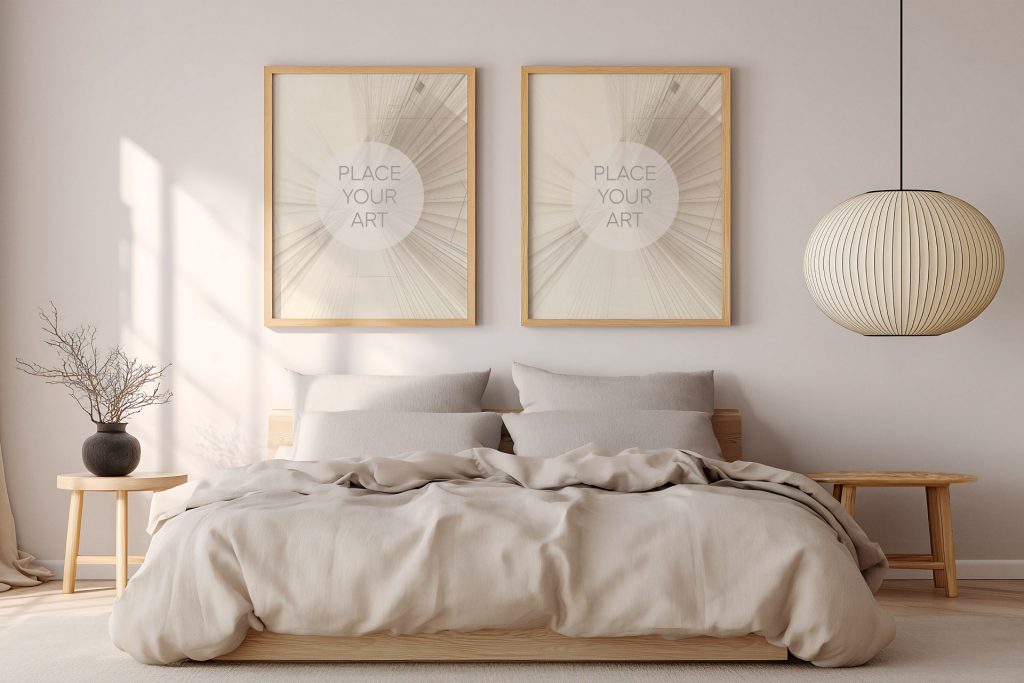 Two vertical wooden frame mockups hanging on a white wall above a minimalist bed with beige linen bedding, a round paper lantern lamp, and soft leaf shadows.
