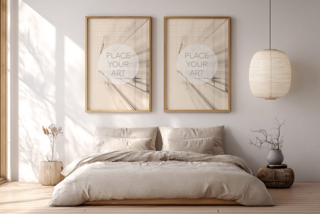 japandi-bedroom-mockup-dual-frames-paper-lantern-linen-bedding.jpg Two vertical wooden frame mockups hanging above a minimalist bed with beige linen bedding, a paper lantern lamp, and soft leaf shadows on the wall.