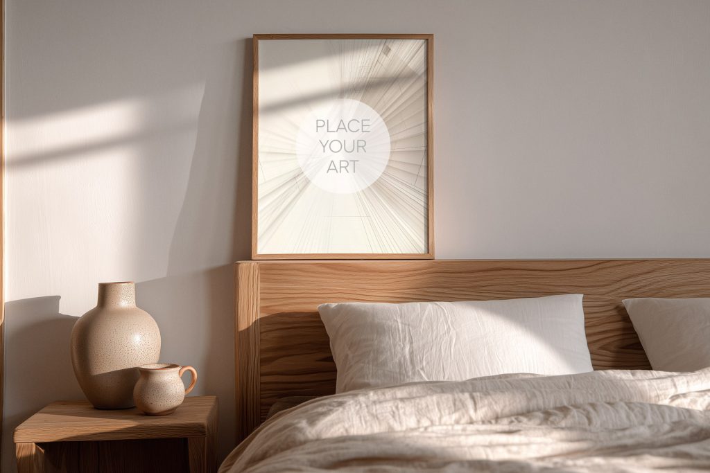 Vertical wooden frame mockup leaning on a solid oak headboard in a minimalist bedroom with warm sunset shadows and ceramic vases on a nightstand.