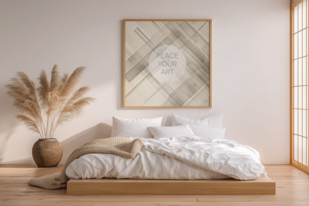 japandi-bedroom-mockup-square-frame-futon-bed-pampas-grass.jpg Square wooden frame mockup hanging above a minimalist futon bed with white linen, a large clay vase with pampas grass, and a shoji screen.