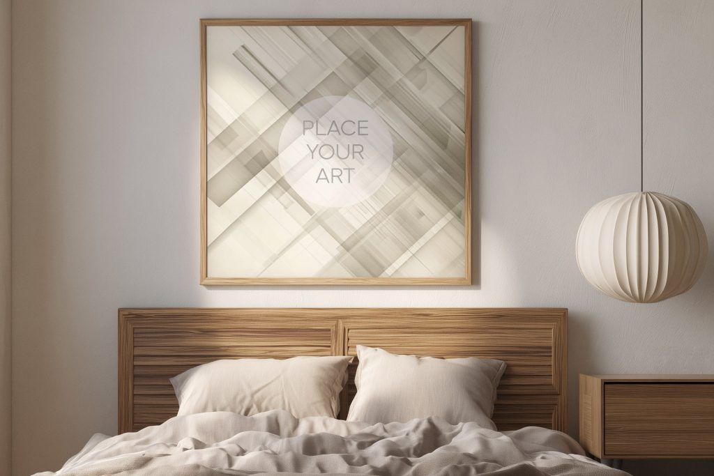 Square wooden frame mockup hanging on a white wall above a slatted oak headboard in a minimalist bedroom with a round paper lantern and linen bedding.