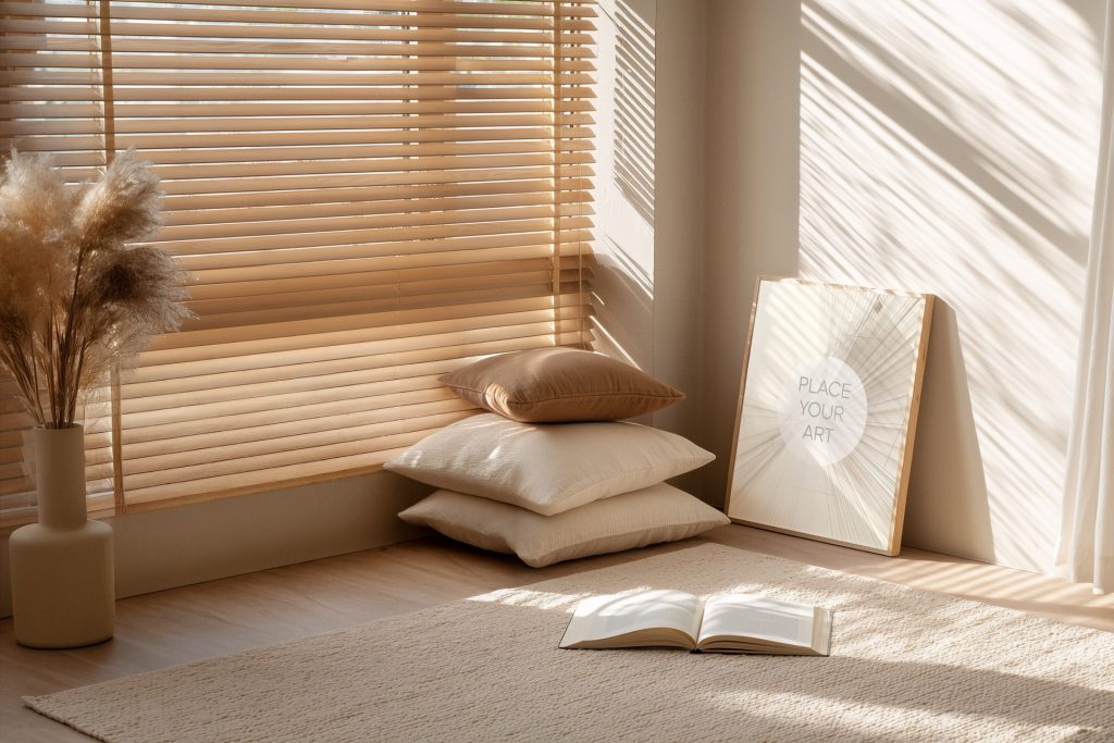 Vertical wooden frame mockup leaning on a beige wall in a sunlit corner with wooden blinds, a stack of pillows, and an open book on a rug.