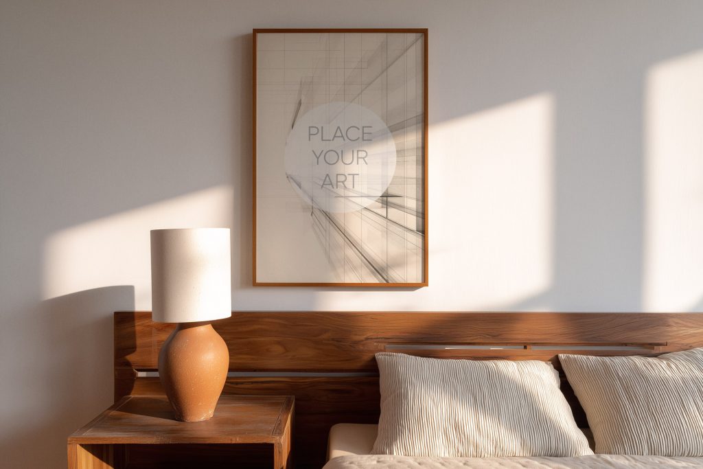 japandi-bedroom-mockup-wooden-headboard-terracotta-lamp.jpg Vertical wooden frame mockup hanging on a white wall above a solid wood headboard with a terracotta bedside lamp and sunset shadows.