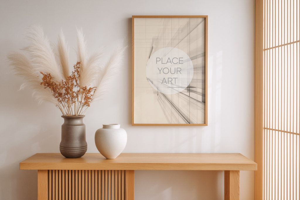 japandi-console-table-mockup-pampas-grass-shoji-screen.jpg Vertical wooden frame mockup hanging on a white wall above a minimalist oak console table with ceramic vases, pampas grass, and a traditional shoji screen.