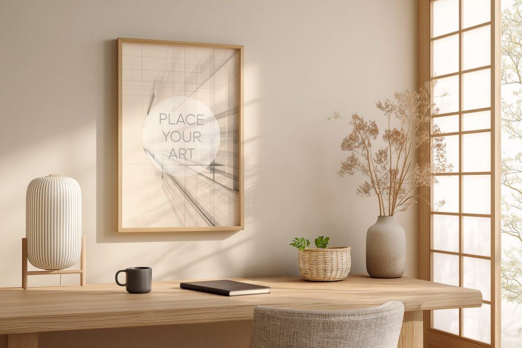 japandi-desk-mockup-vertical-oak-frame-shoji-screen-decor.jpg Vertical wooden frame mockup on a beige wall above a natural wood desk with a notebook, a black mug, and dry flowers near a traditional Japanese shoji screen.