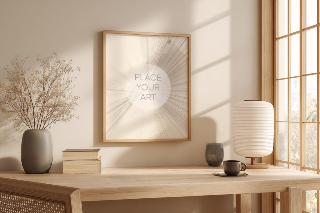 Vertical wooden frame mockup on a beige wall above an oak desk with a Japanese paper lamp, a coffee cup, and dried flowers under soft window shadows.