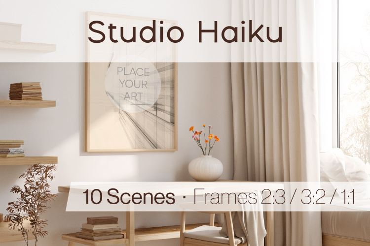 Japandi wall art mockup in a clean minimalist studio interior
