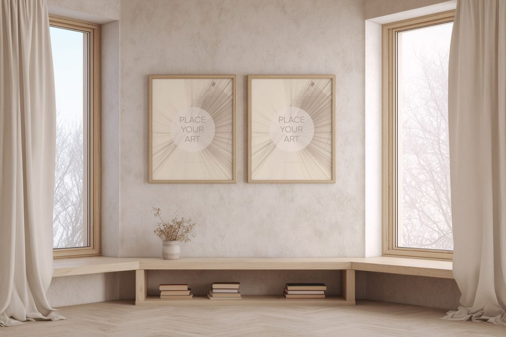 Two vertical oak wood frame mockups hanging on a textured beige wall between two bright windows with cream curtains and a wooden bench with books.