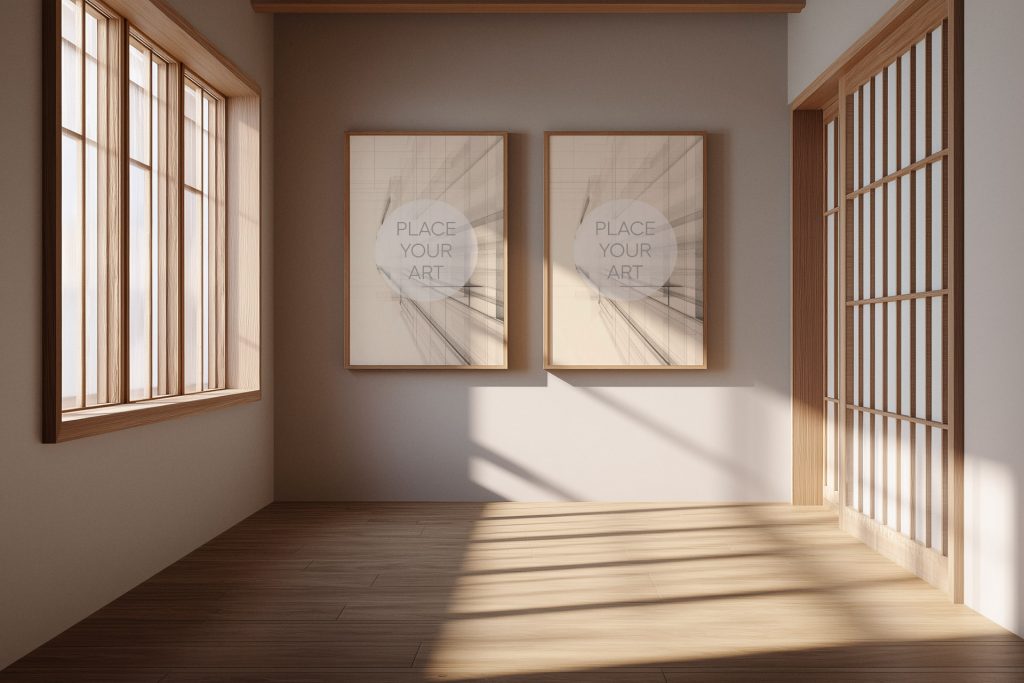 japandi-duo-frame-mockup-vertical-oak-frames-shoji-hallway.jpg Two vertical light wood frame mockups hanging side by side on a beige wall in a minimalist Japandi room with shoji doors and natural window shadows.