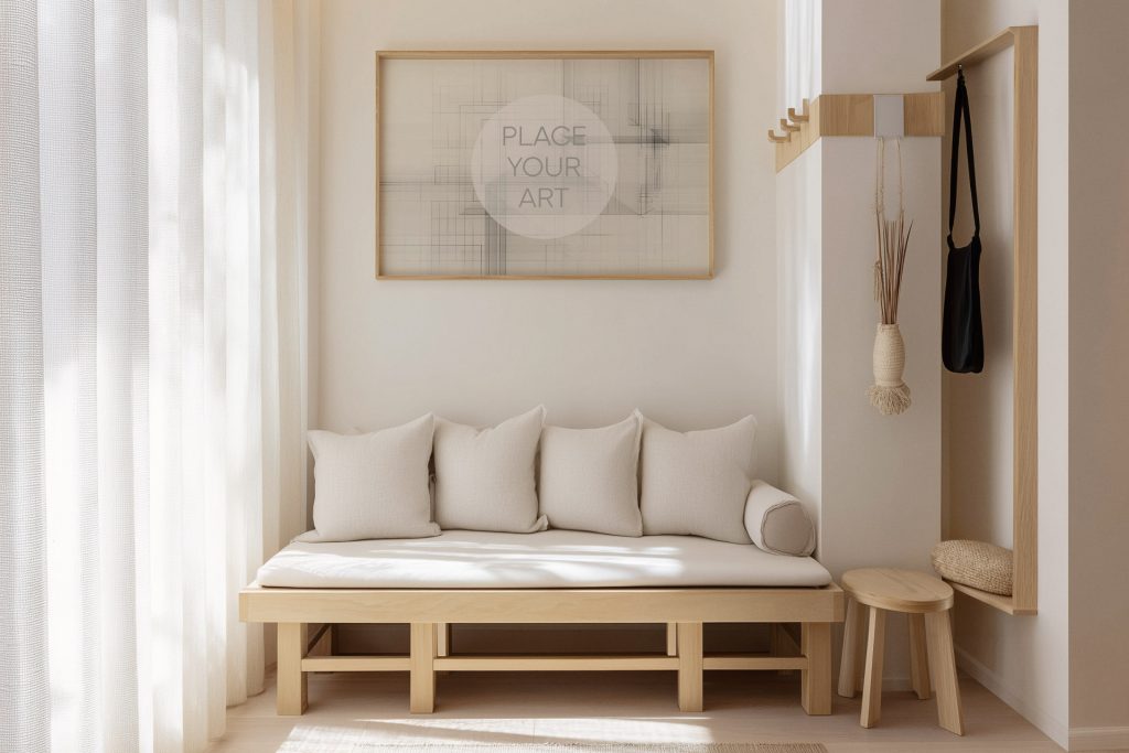 japandi-entryway-mockup-horizontal-frame-wooden-bench-coat-rack.jpg Horizontal wooden frame mockup on a cream wall above a minimalist oak bench with white pillows and a modern coat rack in a sunlit Japandi hallway.