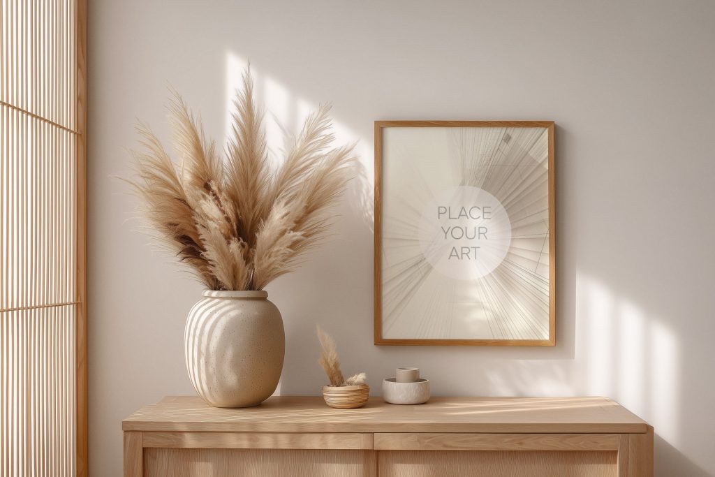 Vertical wooden frame mockup hanging on a beige wall above a minimalist oak sideboard with pampas grass in a ceramic vase and sunlight shadows.