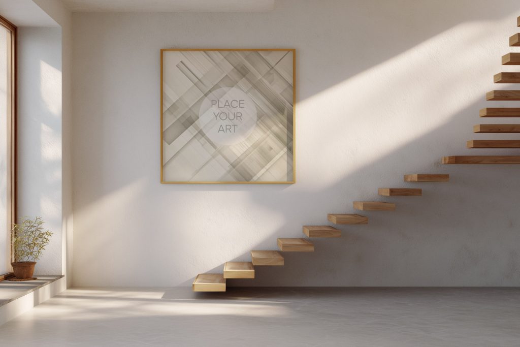 japandi-floating-staircase-mockup-square-oak-frame-natural-light.jpg Square light wood frame mockup on a white wall above a minimalist floating wooden staircase with dramatic diagonal sunlight and shadows.