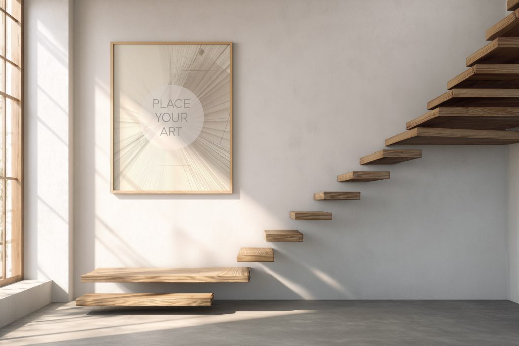 Vertical light wood frame mockup on a white wall next to a modern floating wooden staircase with warm natural sunlight and long shadows in a Japandi home.