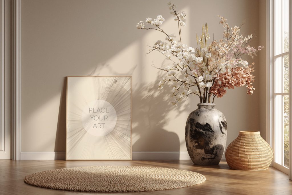Vertical wooden frame mockup leaning on a beige wall next to a large ink-patterned ceramic vase with spring blossoms and a round jute rug.
