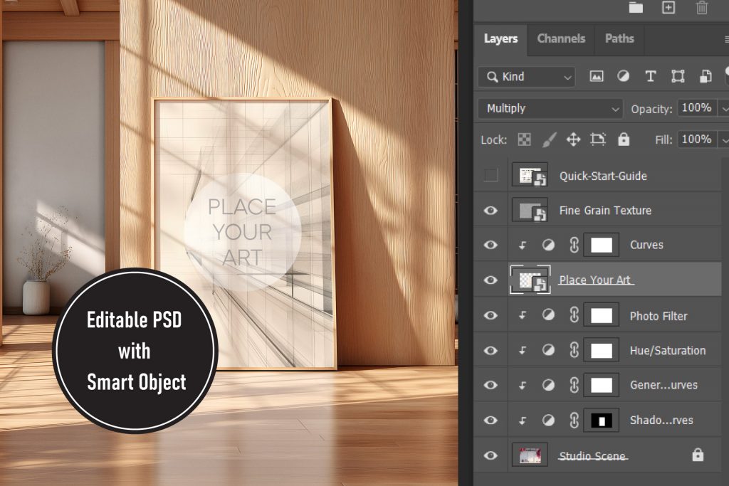 japandi-frame-mockup-psd-smart-object-layers-guide.jpg Technical preview of a Japandi frame mockup in Photoshop showing the layers panel with a smart object labeled Place Your Art.