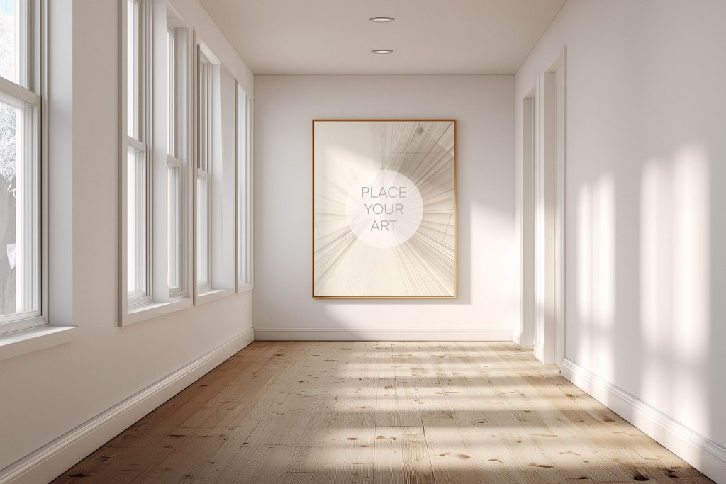 Professional vertical wood frame mockup centered in a minimalist Japandi hallway with natural light shadows on oak flooring.