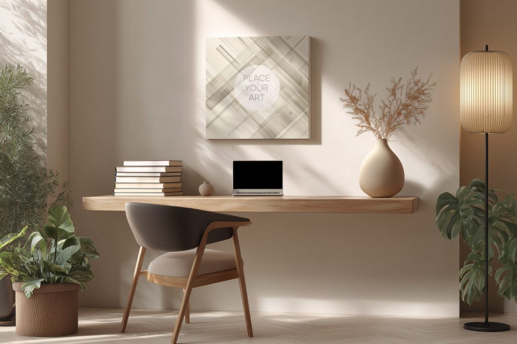 japandi-home-office-mockup-square-canvas-floating-desk-laptop.jpg Square canvas mockup on a beige wall above a floating wooden desk with a laptop, books, a modern chair, and indoor plants in a sunlit room.