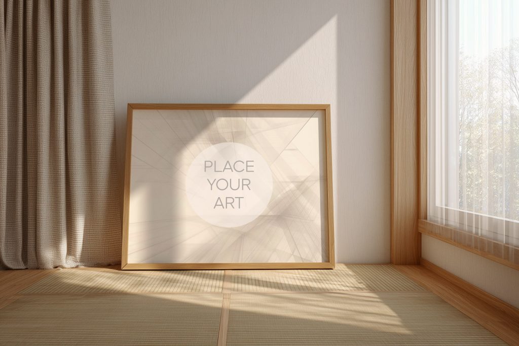 Horizontal wooden frame mockup on a traditional Japanese tatami floor next to a linen curtain and a bright window.
