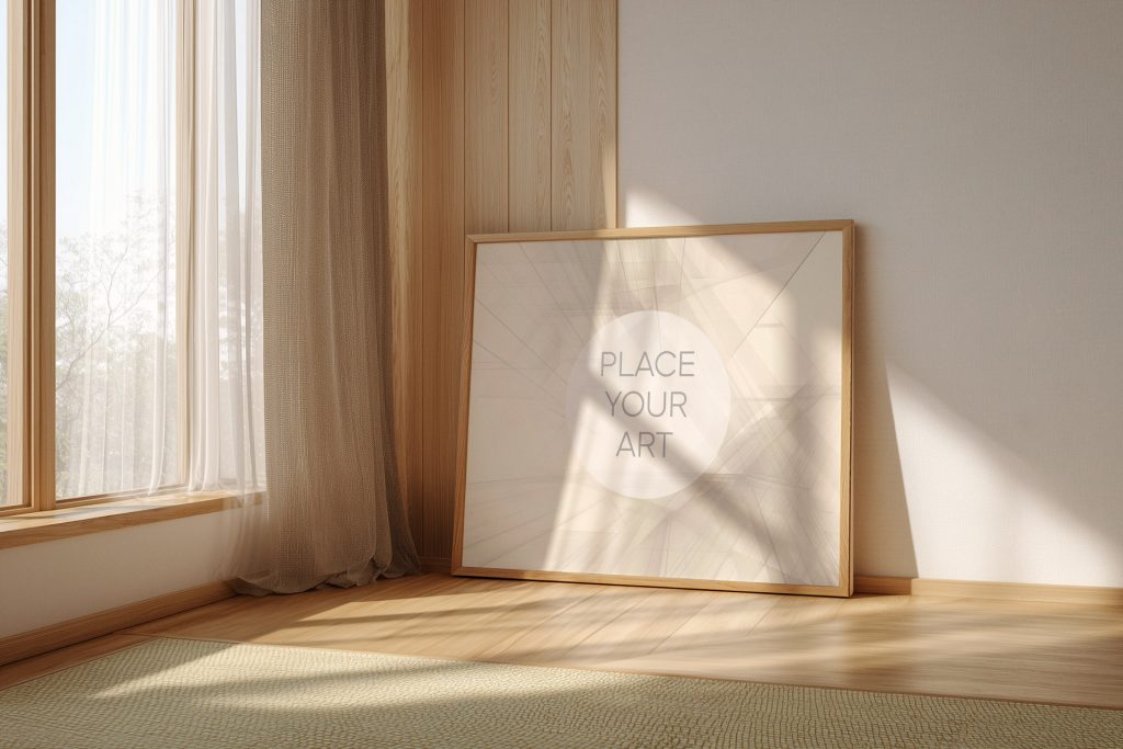 Horizontal wooden frame mockup leaning against a white wall on a tatami floor with warm sunlight and soft shadows from a window with linen curtains.