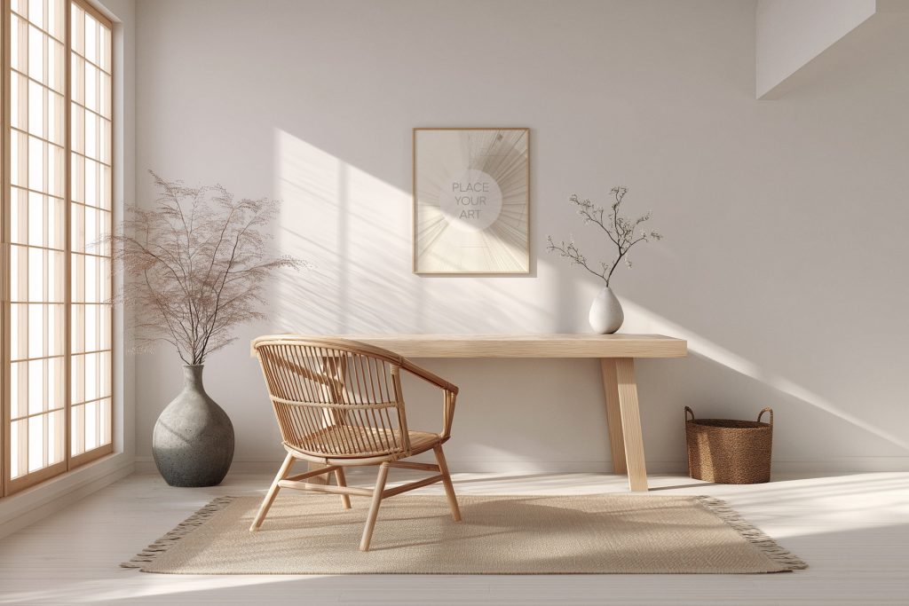 Vertical oak frame mockup on a white wall in a full Japandi room with a rattan chair, a minimalist wooden desk, a large floor vase, and natural sunlight from a shoji window.