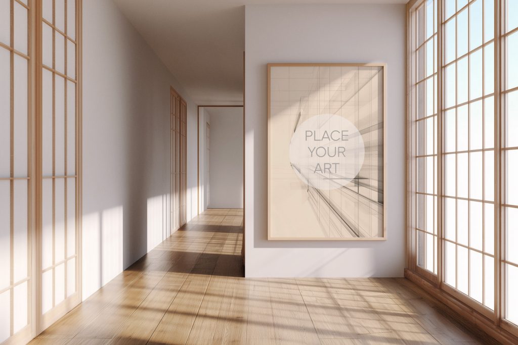 japandi-interior-mockup-vertical-wood-frame-shoji-door-hallway.jpg Vertical wooden frame mockup on a white wall in a Japandi style hallway with traditional Japanese shoji sliding doors and natural sunlight.