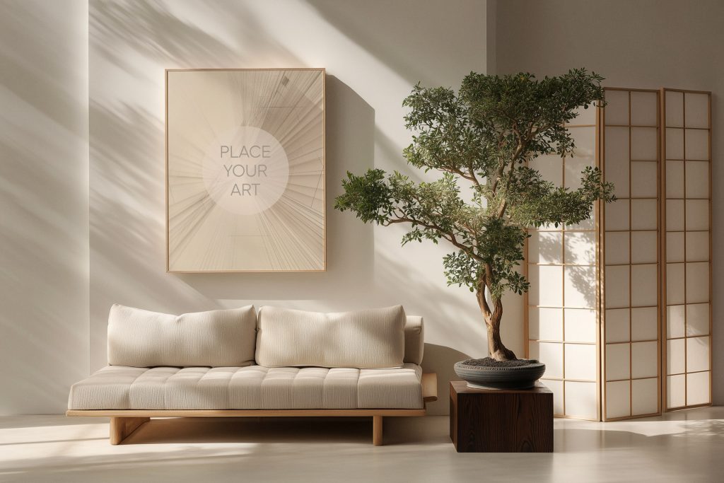 Vertical wooden frame mockup hanging on a white wall above a minimalist beige sofa with a large indoor tree and a traditional Japanese shoji screen.