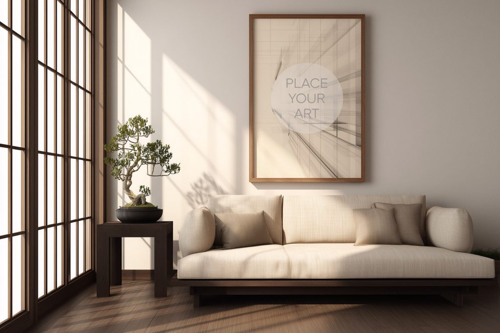 japandi-living-room-mockup-bonsai-tree-shoji-screen-sofa.jpg Vertical wooden frame mockup hanging above a modern beige sofa with a bonsai tree on a side table and a traditional Japanese shoji sliding door.