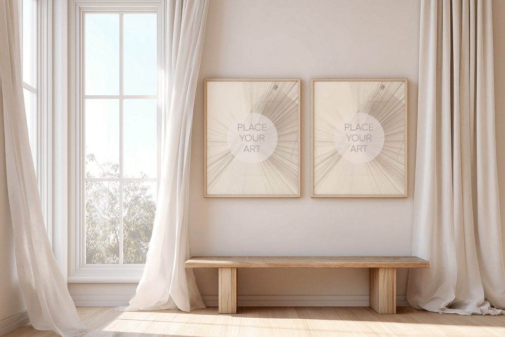 Two vertical wooden frame mockups hanging on a beige wall above a rustic wooden bench, next to a large window with white curtains and bright sunlight.