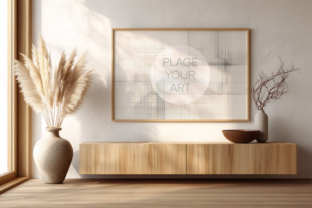 japandi-living-room-mockup-floating-wooden-sideboard-pampas-grass.jpg Horizontal wooden frame mockup hanging above a minimalist floating oak sideboard with a large pampas grass vase and soft sunlight shadows.