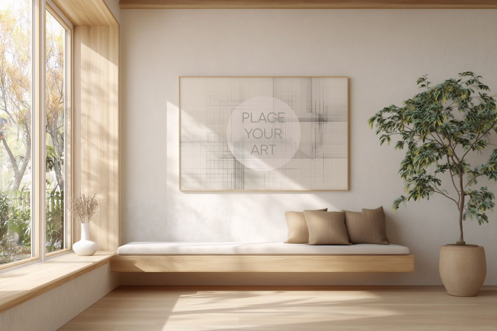 japandi-living-room-mockup-horizontal-frame-floating-bench.jpg Large horizontal wooden frame mockup on a beige wall above a floating oak bench with pillows, next to a large window and a potted indoor plant.