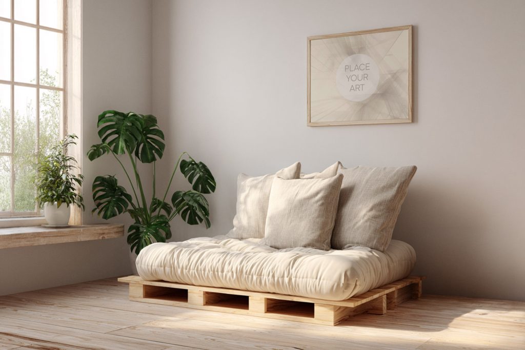 Horizontal wooden frame mockup hanging on a white wall above a minimalist pallet bed sofa with a large Monstera plant and bright window light.