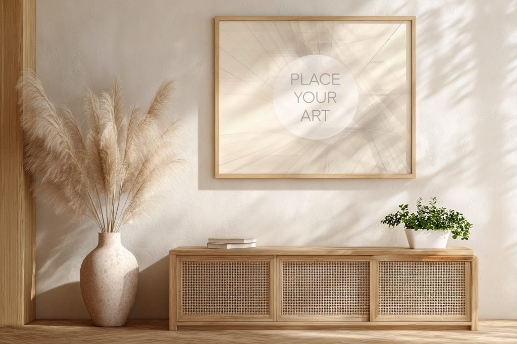 Horizontal wooden frame mockup hanging on a textured beige wall above a rattan and oak sideboard with pampas grass in a ceramic vase and soft leaf shadows.