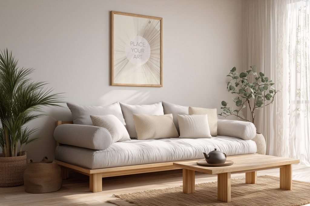 Vertical wooden frame mockup on a beige wall above a comfortable linen sofa, featuring a wooden coffee table with a teapot and various indoor plants in wicker baskets.