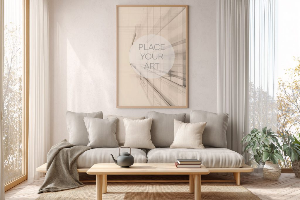 japandi-living-room-mockup-minimalist-sofa-kettle.jpg Vertical wooden frame mockup hanging on a white wall above a low beige sofa with a wooden coffee table, teapot, and floor-to-ceiling windows.