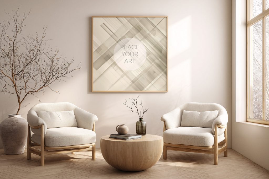 Square wooden frame mockup centered on a beige wall above two modern armchairs and a round wooden coffee table in a bright Japandi interior.