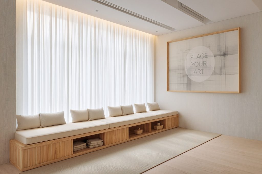 japandi-lounge-mockup-horizontal-frame-wooden-bench-sheer-curtains.jpg Large horizontal wooden frame mockup on a textured wall next to a long wooden window bench with cushions and white sheer curtains.