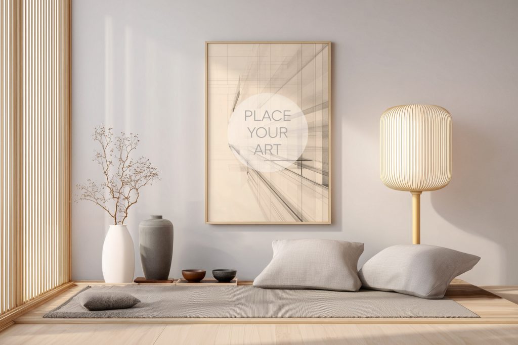 japandi-meditation-room-mockup-vertical-frame-tatami-lamp-vases.jpg Vertical wooden frame mockup on a beige wall above a floor seating area with a grey rug, cushions, a large Japanese paper lamp, and ceramic vases.