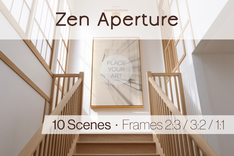 Japandi wall art mockup in an architectural interior with depth and natural light