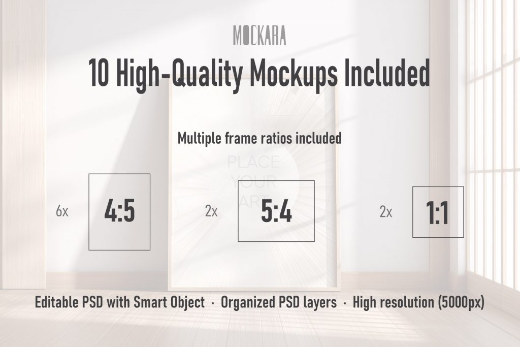 Infographic for the Japandi Organic Silence Vol 2 bundle showing 10 high-quality mockups with frame ratios 4:5, 5:4, and 1:1.