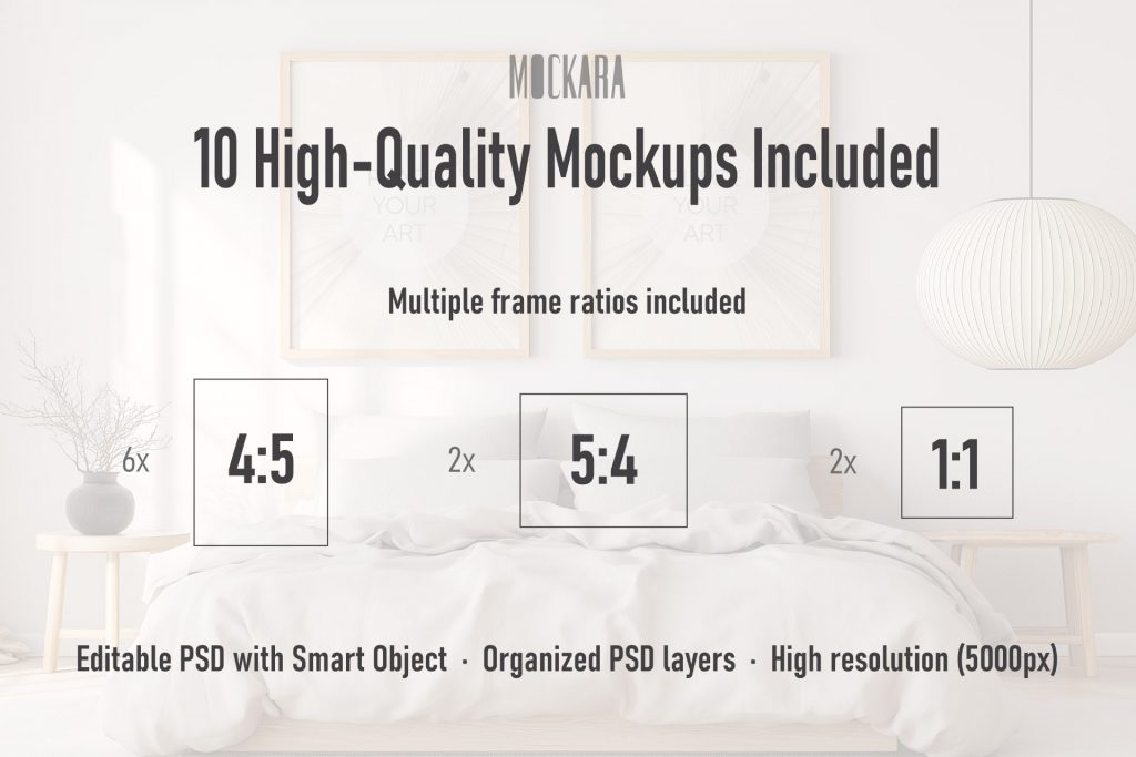 Infographic of a Japandi mockup collection showing 10 high-resolution files with 4:5 vertical, 5:4 horizontal, and 1:1 square aspect ratios.