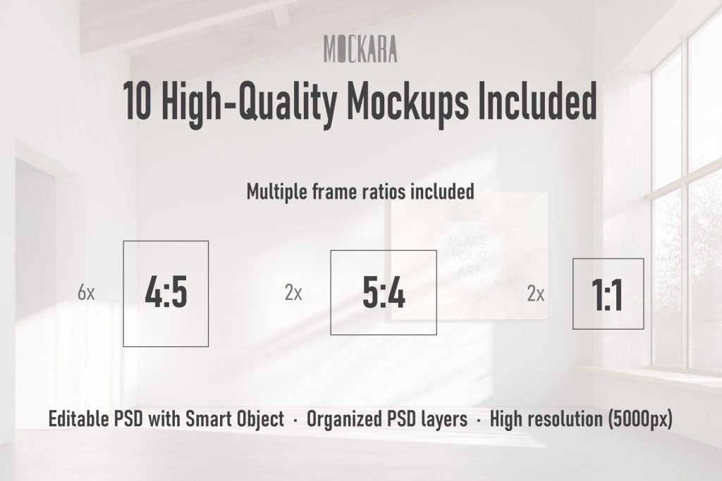 Infographic showing mockup bundle technical specs: 10 high-quality PSDs, multiple frame ratios (4:5, 5:4, 1:1), smart objects, organized layers, and 5000px resolution.