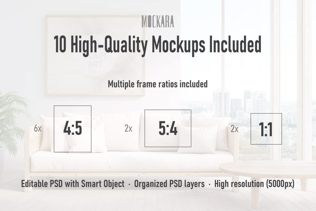 Infographic showing the contents of the Japandi mockup bundle: 10 high-quality PSD files including 4:5, 5:4, and 1:1 aspect ratios at 5000px resolution.
